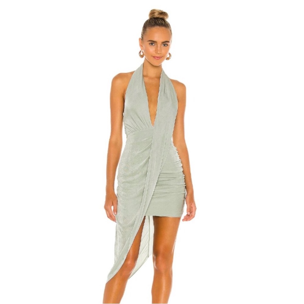 Mishka Sage One-Shoulder Draped Bodycon Dress